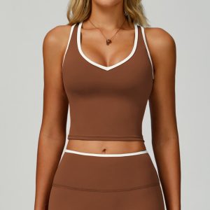 Brown Contrast Trim V Neck Yoga Tank Top