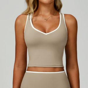 Beige Contrast Trim Yoga Tank Top