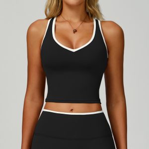 Black Contrast Trim V Neck Workout Tank Top