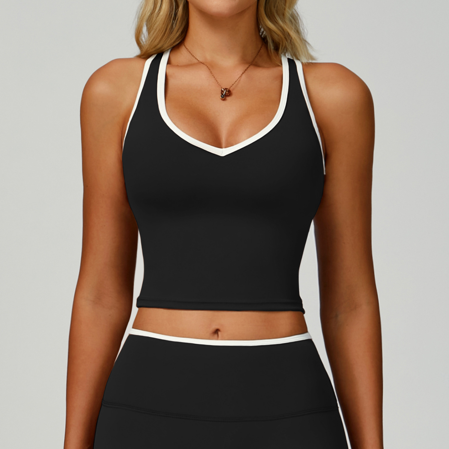 Black Contrast Trim V Neck Workout Tank Top