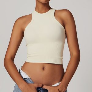 Beige High Neck Cropped Yoga Top Women